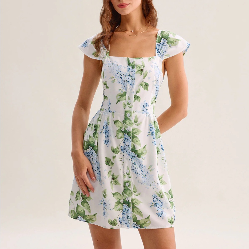 Rihoas White Floral Square Neck Mini Dress